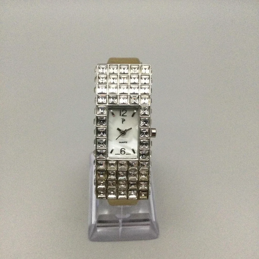 Crystal Bezel Womens Watch 20mm Silver Tone Case Gold Leather MOP New Battery